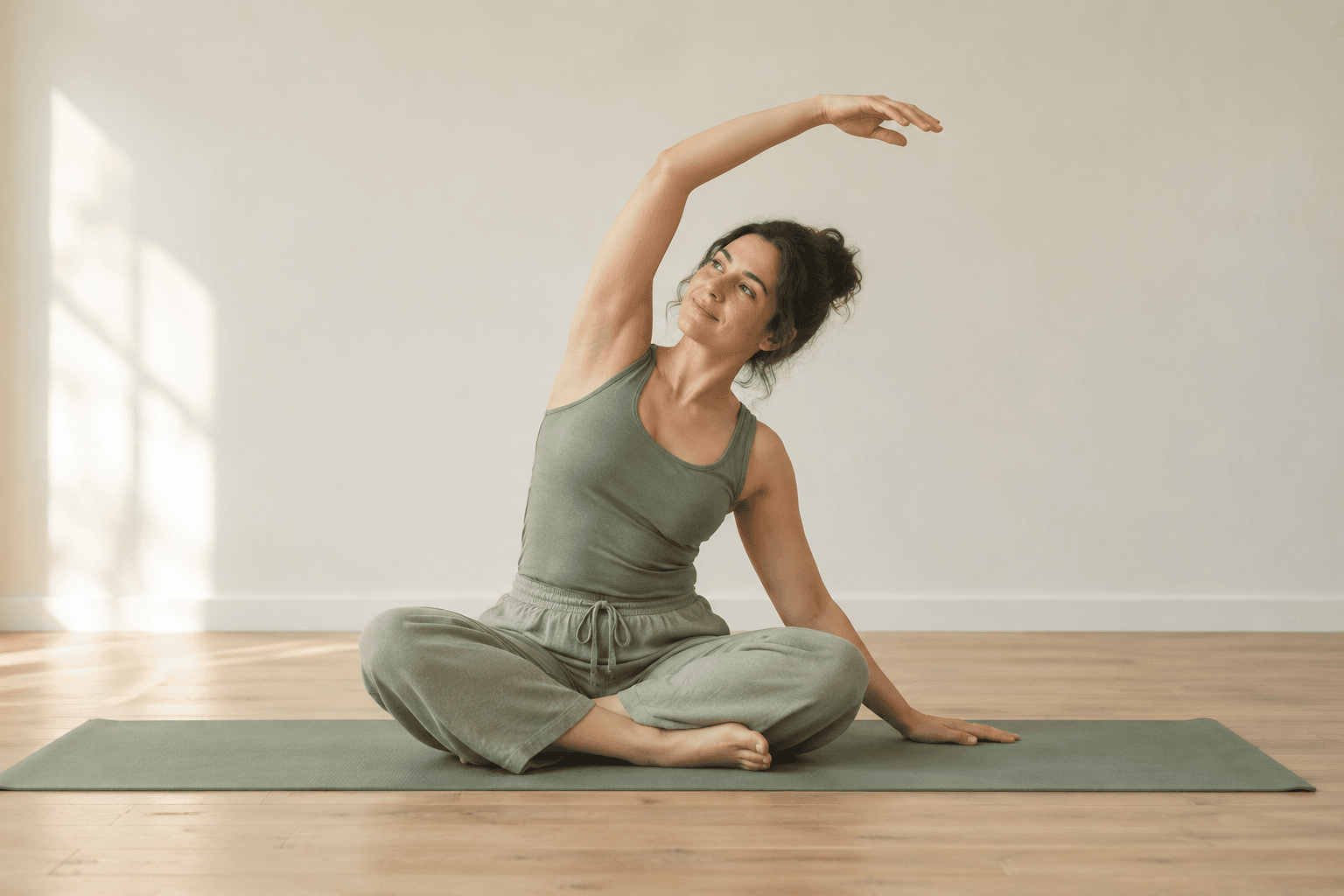 A person seated cross-legged on a yoga mat stretches to one side with one arm overhead.